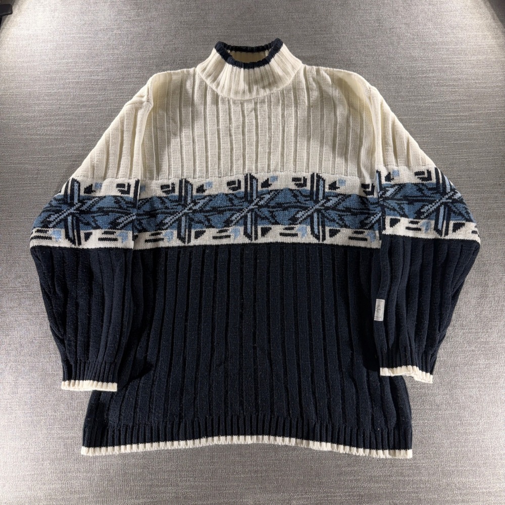 Southpole Sweater Mens L Navy Cream Vintage‎ 90s Mock Neck Geometric Knit Good